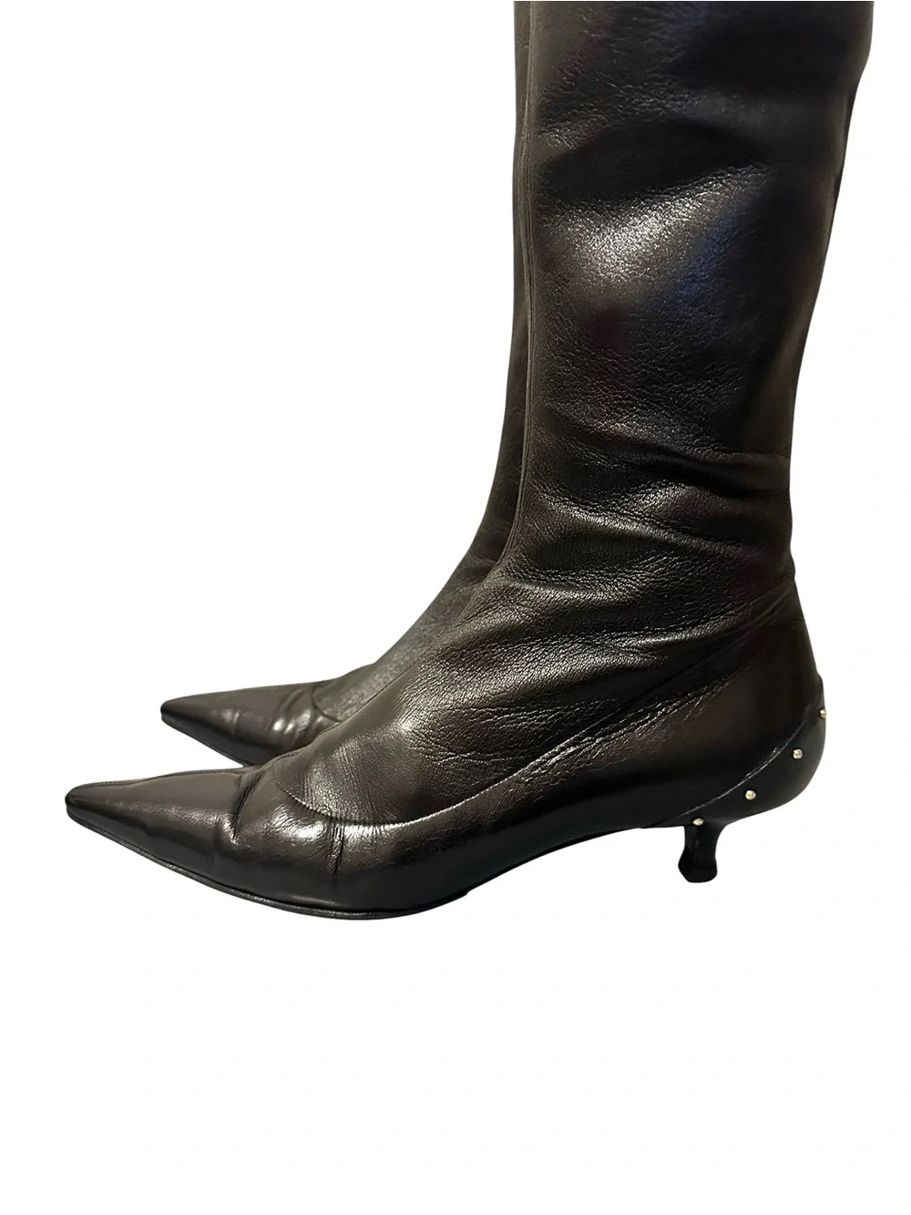 GUCCI TOM FORD FW 2003 Runway Black Leather Studded Kitten Heel OTK Boots 37